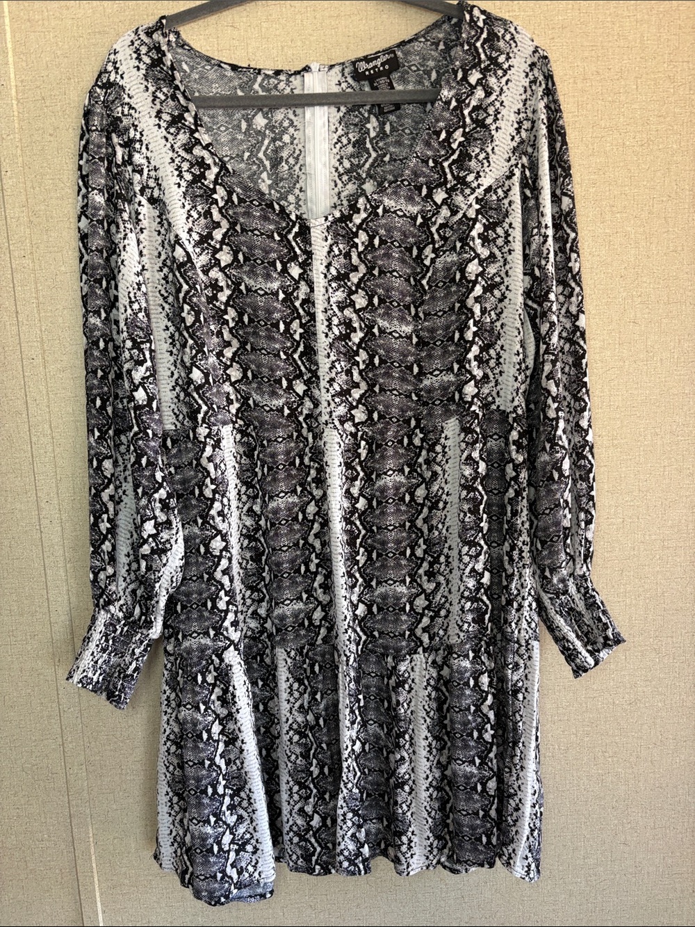 Wrangler Retro Snake Print Dress Black White Long Sleeve Boho Western XL Flowy